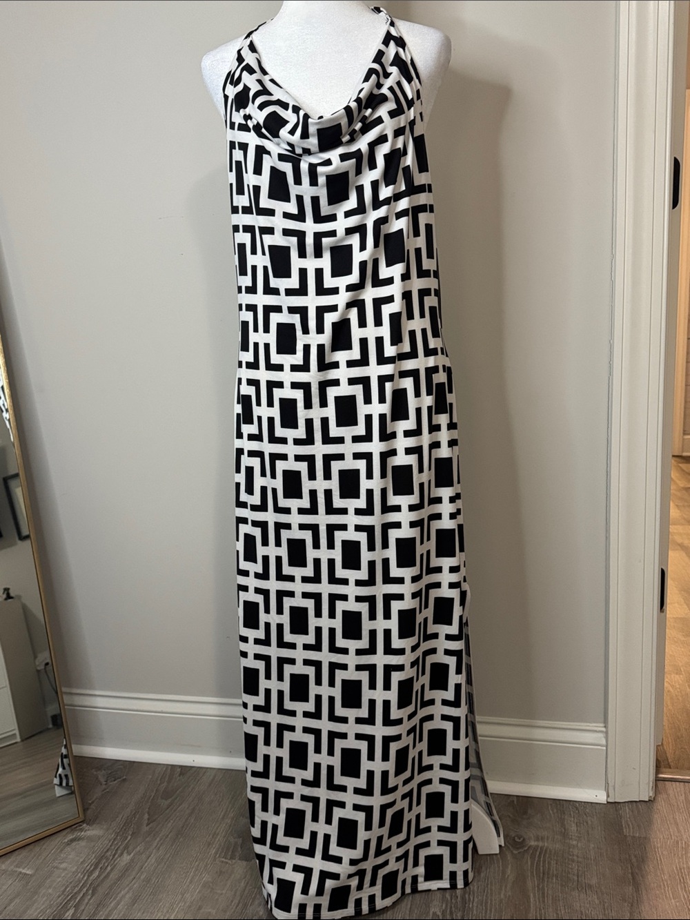 bebe Black and White Geometric Halter Maxi Skirt
